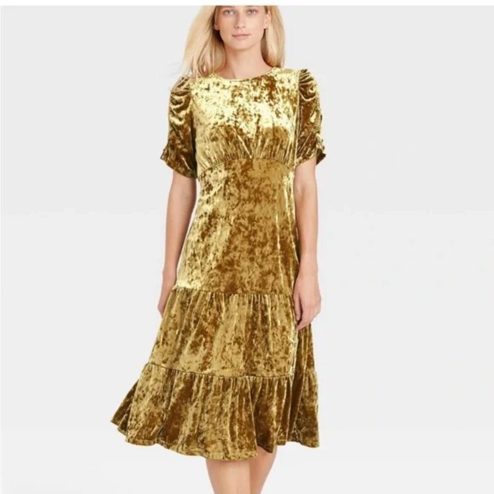 Who What Wear NWT Gold Crushed Velvet Short Sleeve Midi Dress